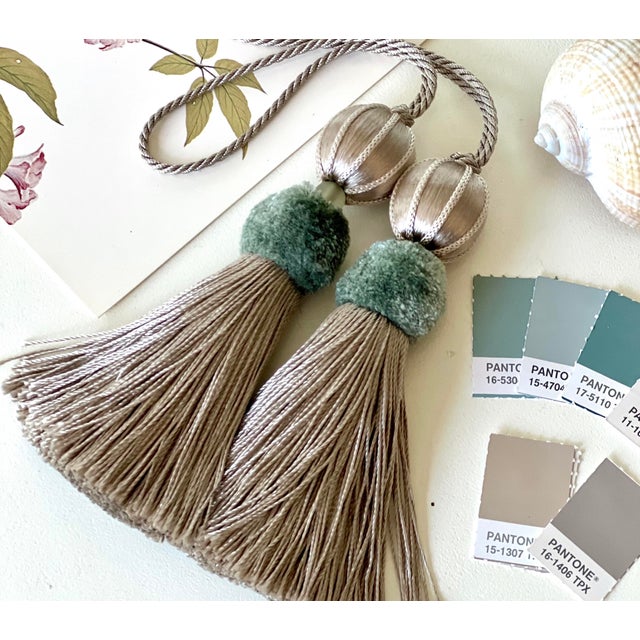 Aqua and Taupe Satin Beaded Key Tassel With Cut Velvet Detail For Sale - Image 10 of 17