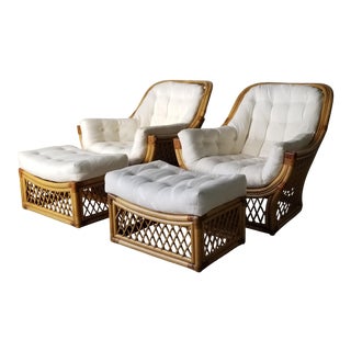 Vintage Lattice Design Rattan and Leather Lounge Chairs W/ Ottomans - a Pair For Sale