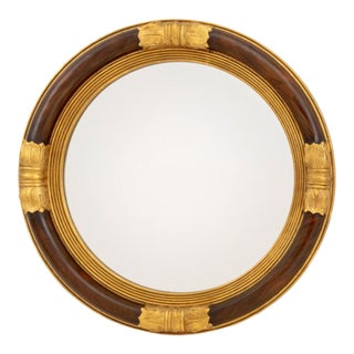 Regency Style Walnut and Giltwood Framed Circular Convex Mirror For Sale