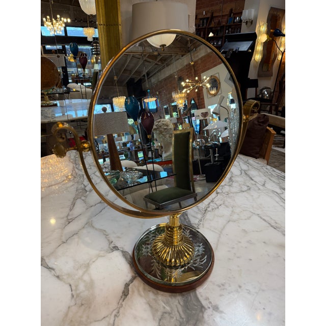 1970s Vintage Brass Vanity Mirror With Etched Glass Base and Wood Trim For Sale - Image 5 of 10