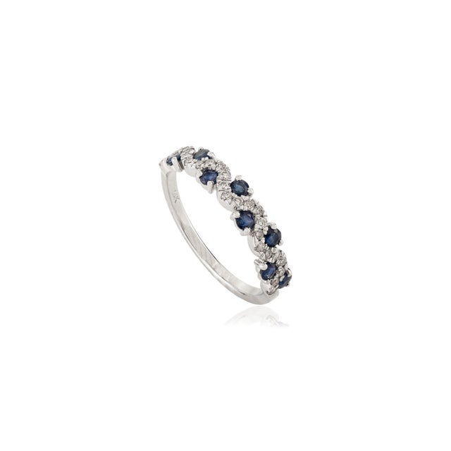 Natural Blue Sapphire & Diamond Wavy Half-Eternity Band Ring Size 7 in 14k Gold For Sale - Image 4 of 15