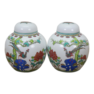 Late 20th Century Chinese Chinoiserie White Porcelain Peacock Ginger Jar Tea Caddy Urns - a Pair
