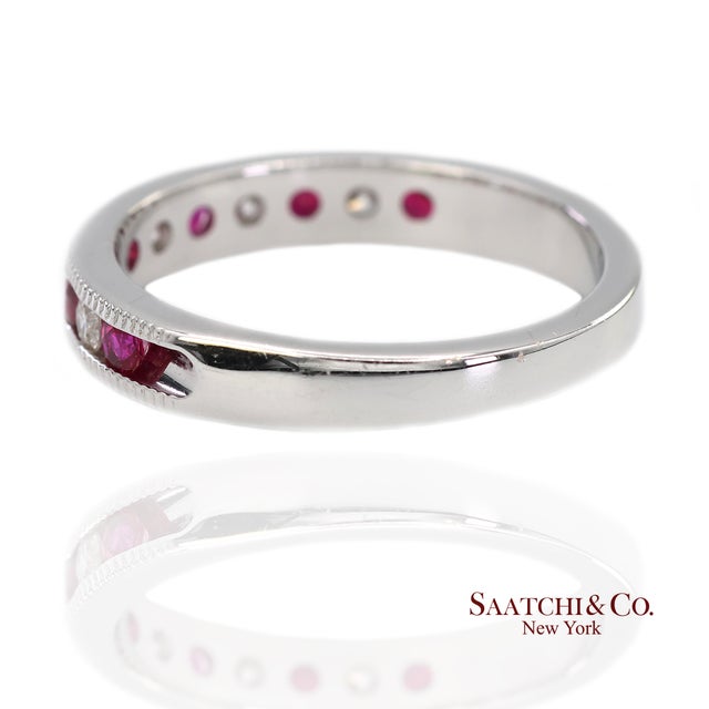 14k (585) Solid White Gold Natural Diamond and Ruby Half Band Ring, Size 6.5 For Sale - Image 4 of 11