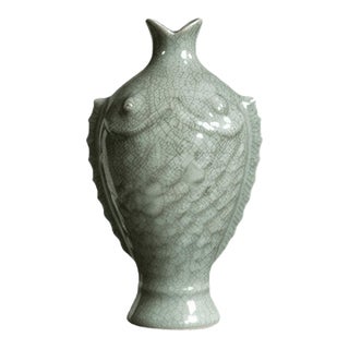 Chinese Ceramic Vase,Guan Ware Celadon Glaze Porcelain Vase HandCarved Fish Pattern For Sale