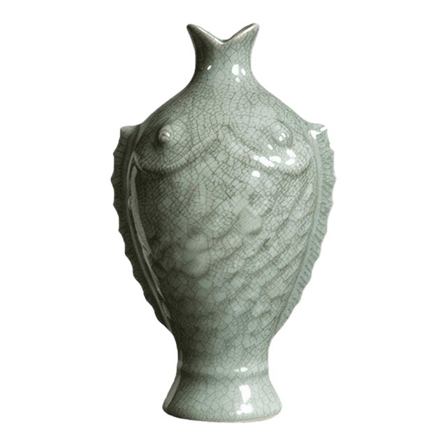 Chinese Ceramic Vase,Guan Ware Celadon Glaze Porcelain Vase HandCarved Fish Pattern For Sale