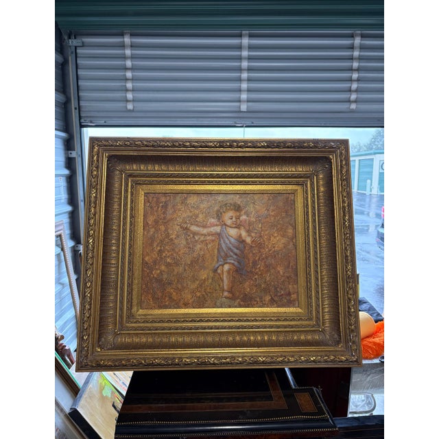 19th-century oil painting depicting a cherubic child in graceful motion. Executed with a warm, textured earth-tone...