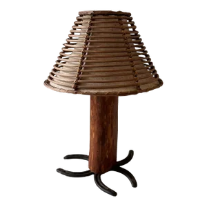 Rustic Wood and Horseshoe Table Lamp With Rattan and Burlap Lampshade