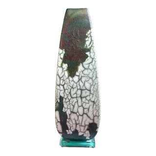 Signed Tony Evans Raku Black White Green Art Studio Pottery Candle Holder / Vintage 1980s Modernist Ceramic Crackle Decorative Object For Sale