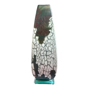 Signed Tony Evans Raku Black White Green Art Studio Pottery Candle Holder / Vintage 1980s Modernist Ceramic Crackle Decorative Object