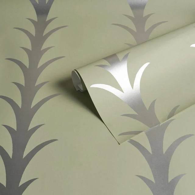 Schumacher SAMPLE - Schumacher x Celerie Kemble Acanthus Stripe Wallpaper In Metallic On Sage For Sale - Image 4 of 4