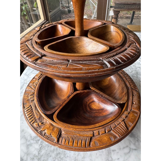 1960s Vintage Hand-Carved, Three-Tiered Monkey Pod Wood Lazy Susan Serving Tray For Sale - Image 5 of 7