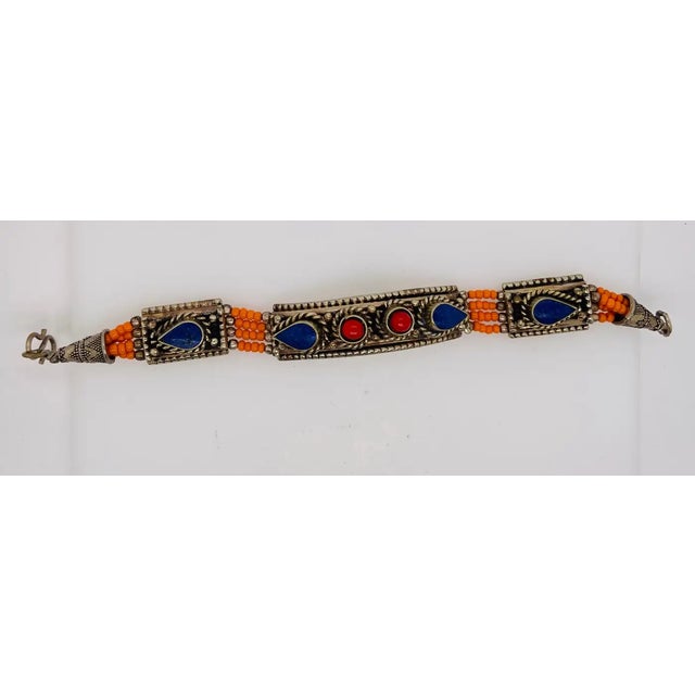 Tribal 1950s Moroccan Tribal Silver Bracelet With Blue, Red, and Orange Stones For Sale - Image 3 of 7