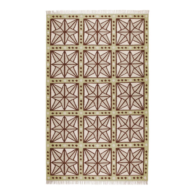 Part & Parcel Goods Wool Star Rug, 2’6” x 8', Celadon, Chocolate, Sage and Eggshell For Sale