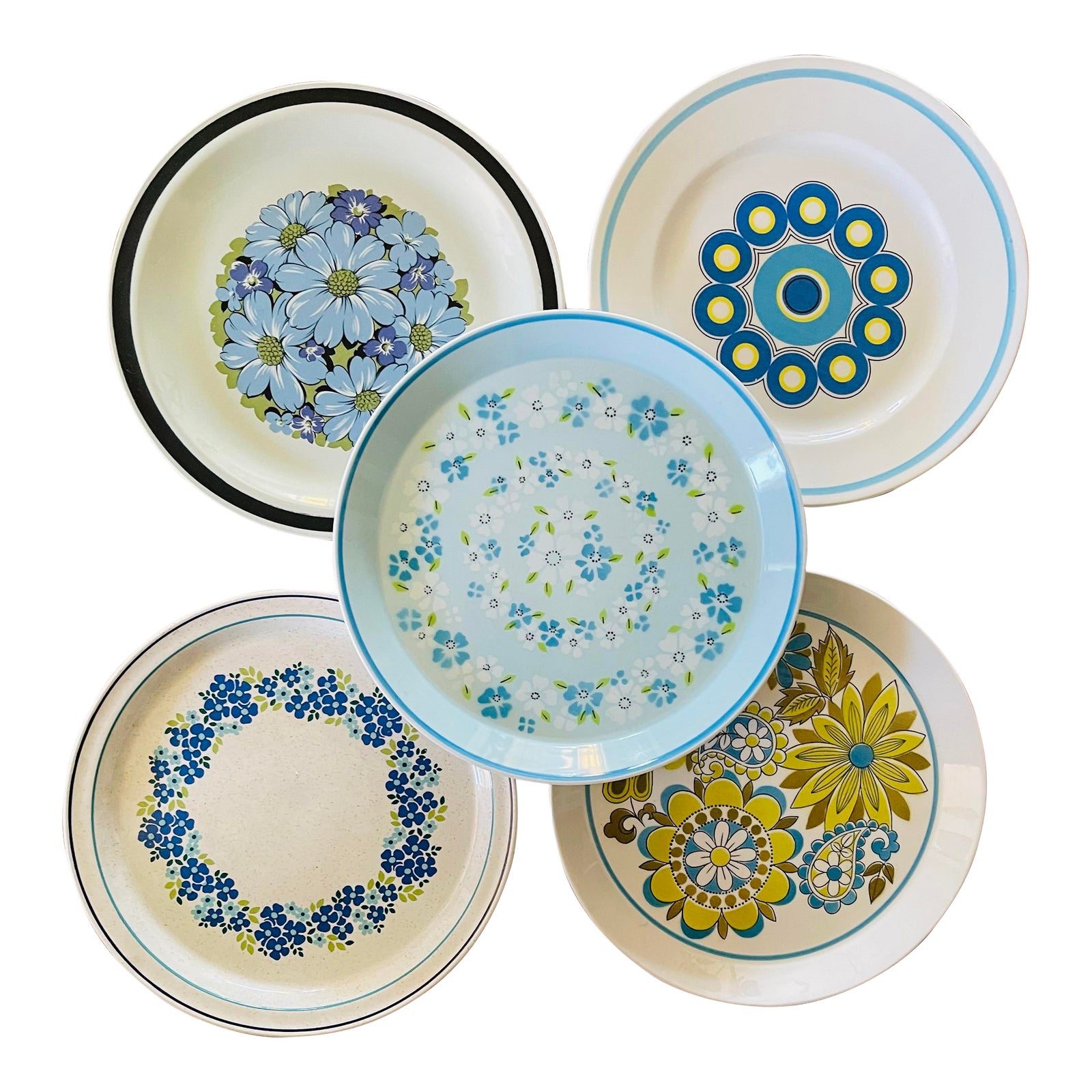 Mismatched Set of 5 Blue Stoneware Dinner Plates Chairish