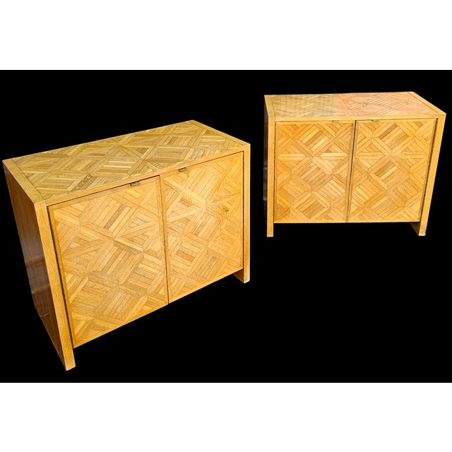 This Pair of Mid-Century Parquetry Cabinets/Servers is distinguished by its stunning parquetry design and architectural...