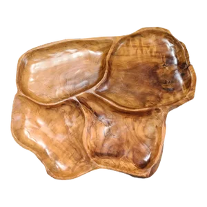 Late 20th Century Hand-Carved Wooden Teak Root Four Compartment Snack Serving Platter Tray