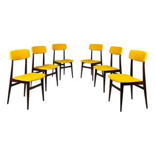 Mid-Century Modern Italian Chairs in Wood and Yellow Fabric, 1960s, Set of 6 For Sale