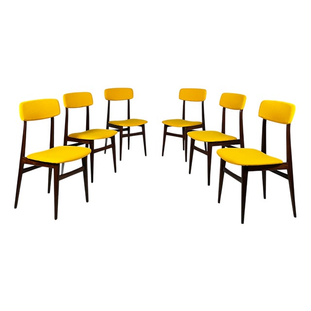 Mid-Century Modern Italian Chairs in Wood and Yellow Fabric, 1960s, Set of 6 For Sale