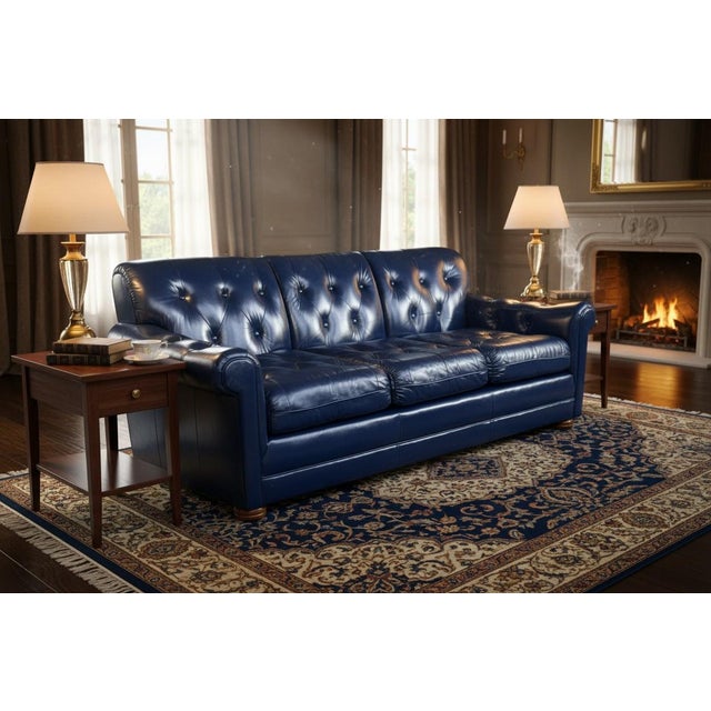 A bold expression of vintage luxury, this navy blue leather sofa combines generous proportions, deep cushioning, and...