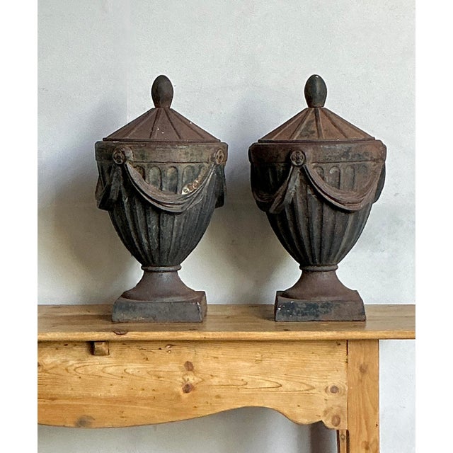 Mid 20th Century Vintage Regency Cast Iron Swag Lidded Urns - A Pair For Sale - Image 5 of 8