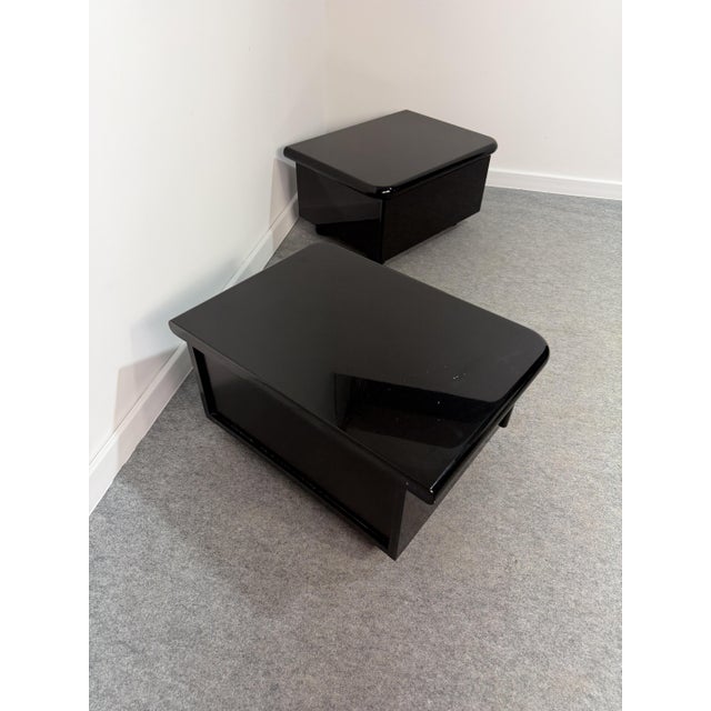 Vintage Low Italian Wooden Bedside Tables with Glossy Lacquered Finish, 1970s, Set of 2 For Sale - Image 12 of 14