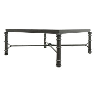 Vintage 1980s Giacometti Style Forged Aluminum/Faux Verdigris Square Glass Coffee Table For Sale