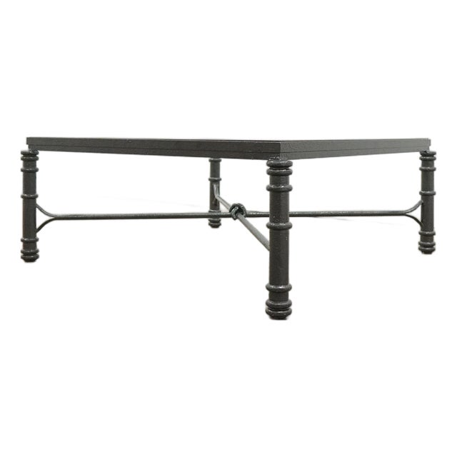 Vintage 1980s Giacometti Style Forged Aluminum/Faux Verdigris Square Glass Coffee Table For Sale