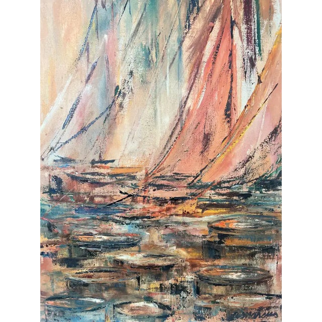 "Seascape with Sailboats" is a spectacular mid-century abstract expressionist oil on canvas painting by listed New York...