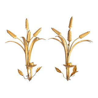 Vintage Italian Gilt Tole Wheat Candle Sconces - A Pair For Sale