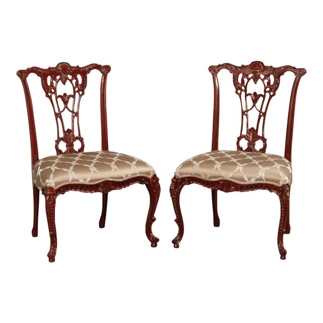 2010s Rococo Style Carved Mahogany Side Chairs - A Pair For Sale