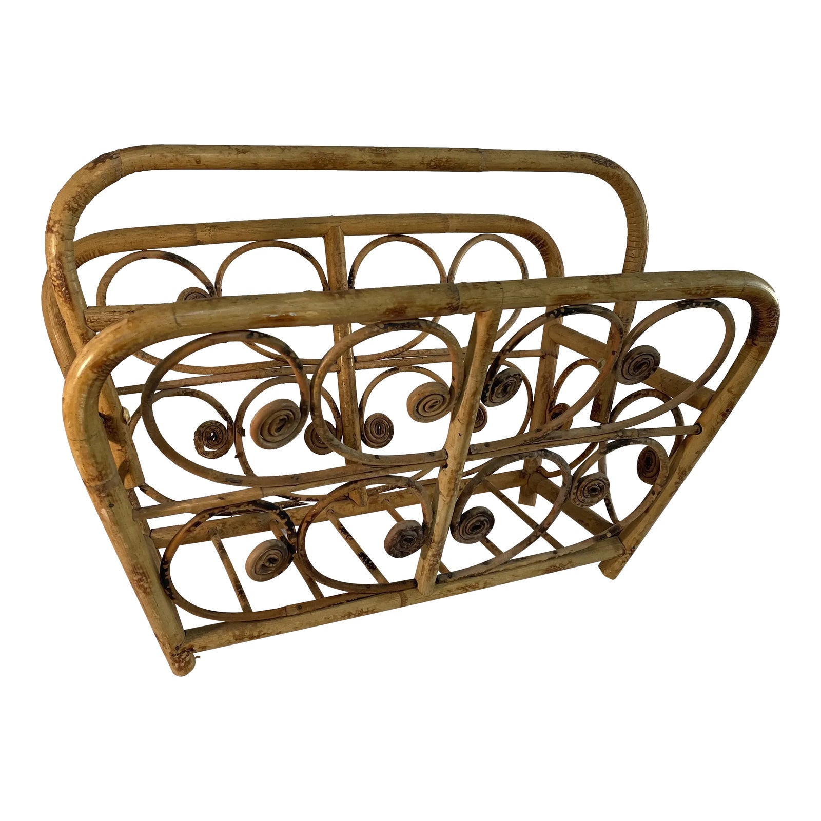 Vintage Rattan Bamboo Magazine Rack With Swivel Handle and Curls | Chairish
