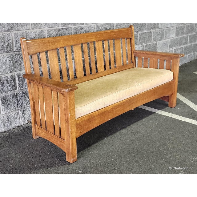 Charles Limbert Antique Mission Oak Arts & Crafts Period Charles P. Limbert Settee Settle, C1906-1915 For Sale - Image 4 of 16