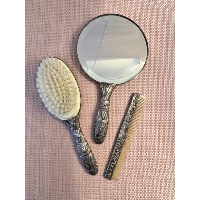 Vintage Silver-Plate Vanity Set With Comb, Brush and Mirror - 3 Piece Set For Sale - Image 10 of 13