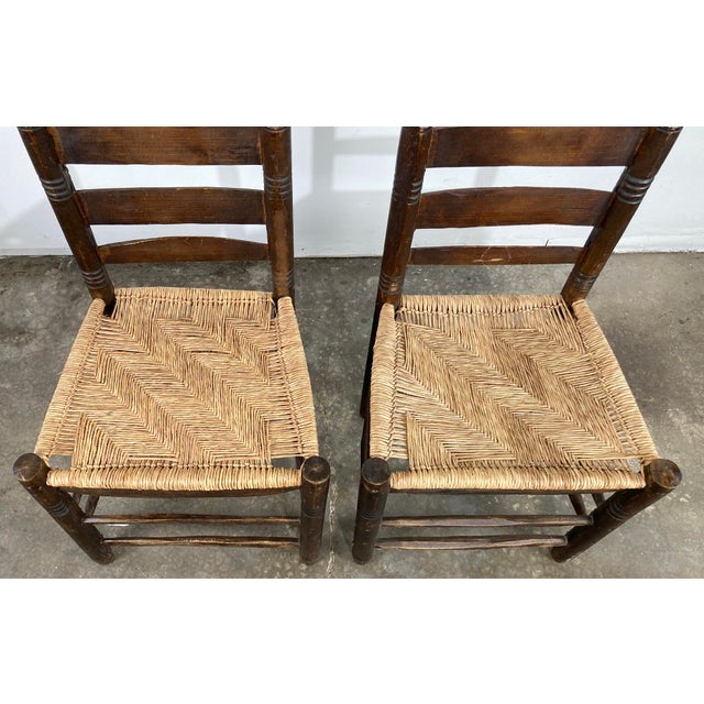 Vintage Primitive Turned Wood Woven Seat Ladderback Chairs, a Pair For Sale - Image 4 of 10