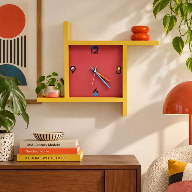 Fully Restored Welby Wall Hanging Shelf Clock Post Modern Memphis Style Circa 1980s Measurements: 22.5"W x 18"H x 5.5"D...