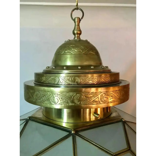 Mid-Century Modern Vintage Art Deco Style Milk Glass & Brass Chandelier For Sale - Image 3 of 11