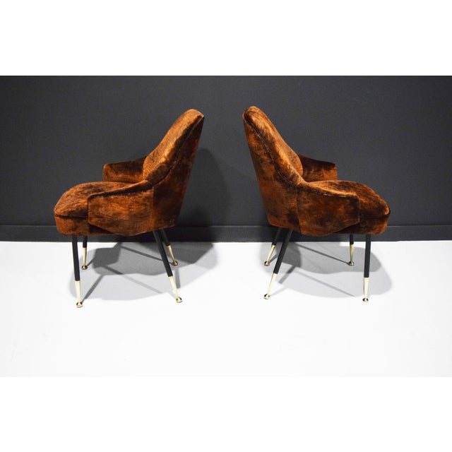 Mid-Century Modern Italian Arm Chairs, 1950s, in Parisien Velvet With Brass Tipped Legs For Sale - Image 3 of 8