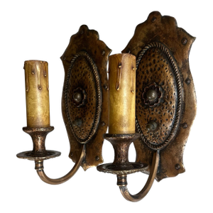 Pair of Single Solid Brass Gold Painted and Hammered Sconces
