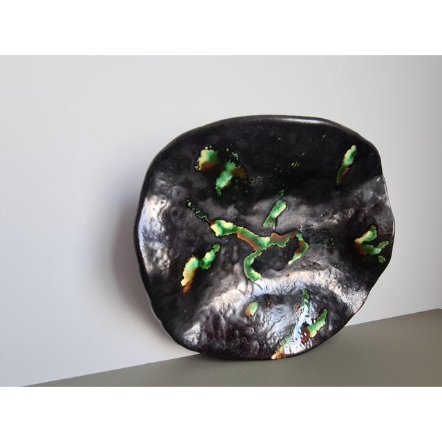 French Studio Pottery Bowl Freeform Lava Glaze Black Green Ceramic Dish Mid-Century French Vintage Art Pottery Accent Piece, 1950 For Sale - Image 10 of 10