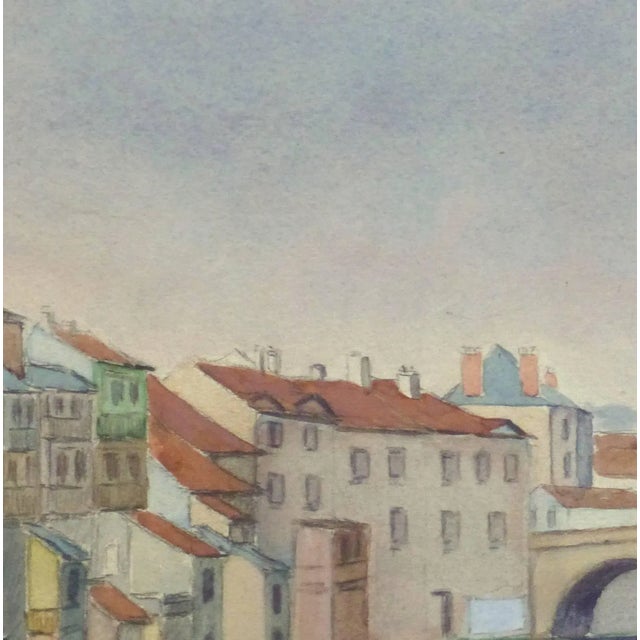 Serene watercolor landscape along the banks of the La Jordanne River looking at the Pont du Buis bridge in he picturesque...