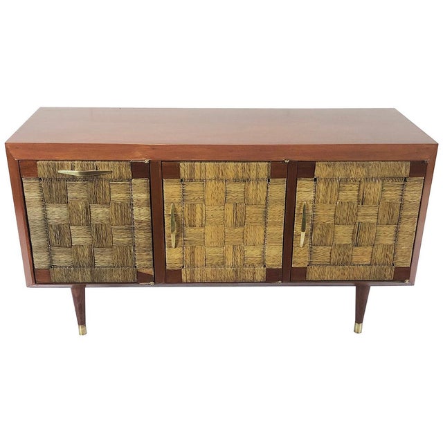 Wood Petite Credenza in Mahogany and Woven Sea Grass Attributed to Edmond Spence For Sale - Image 7 of 7