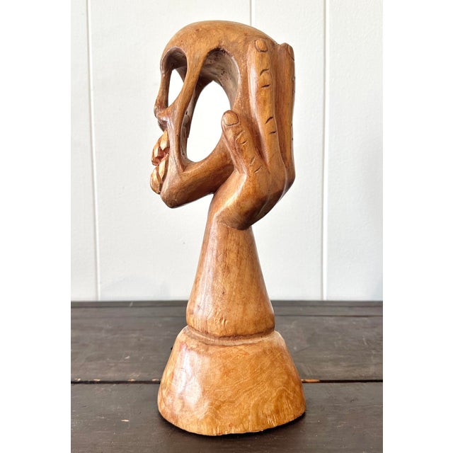Late 20th Century Late 20th Century Vintage Boho Hand Carved Wood Skull in Hand Sculpture For Sale - Image 5 of 7