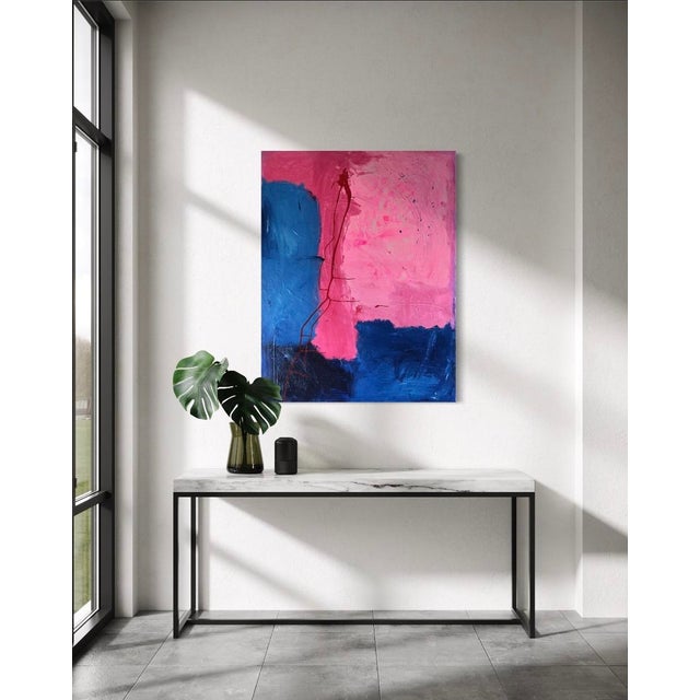 Postmodern Pink & Blue Composition Original Abstract Colorfield Painting on 46.5” by 36” Un Stretched 20 Oz Canvas For Sale - Image 3 of 7