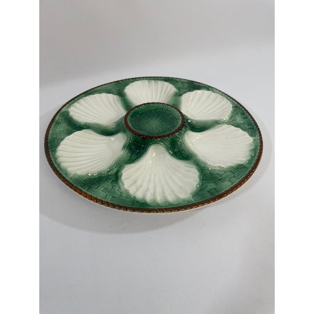 Art Deco Antique 1920s French Longchamp Majolica Green and White Oyster Plate For Sale - Image 3 of 13