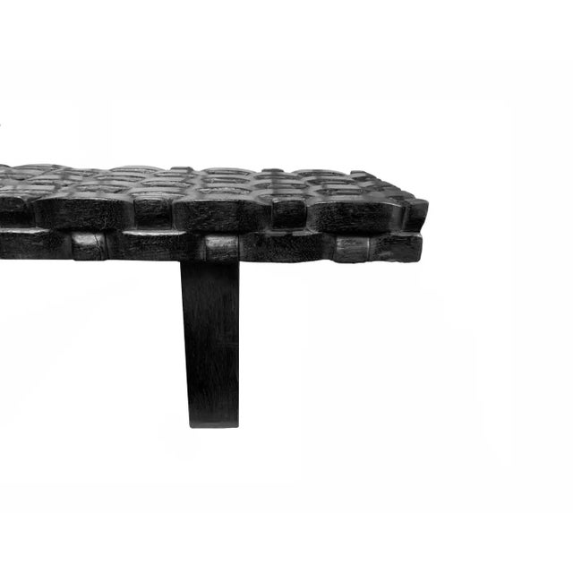 Contemporary Sculptural Mango Wood Bench, Carved Detailing, Burnt Finish Modern Organic For Sale - Image 3 of 6