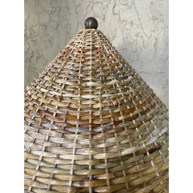 Hollywood Regency Brass Sarreid Panther Lamp With Conical Rattan Shade For Sale - Image 3 of 5