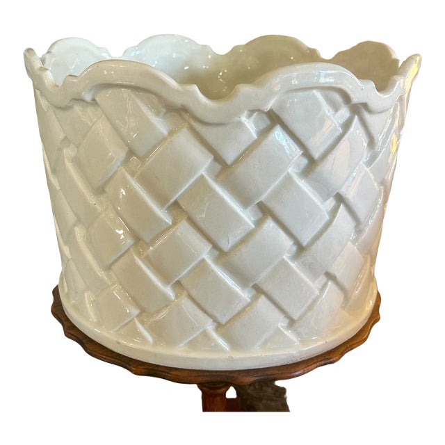 1970s Large Faux Basketweave Ceramic Cachepot, Spain For Sale