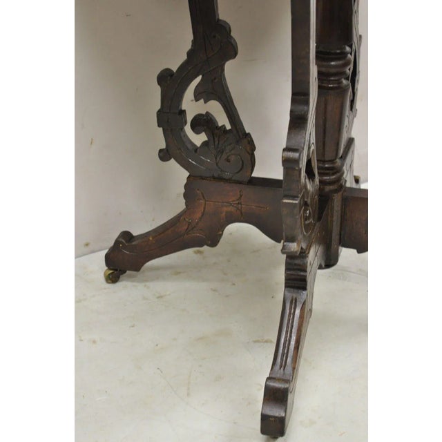 Antique Eastlake Victorian Marble Top Walnut Parlor Accent Side Table For Sale - Image 11 of 13