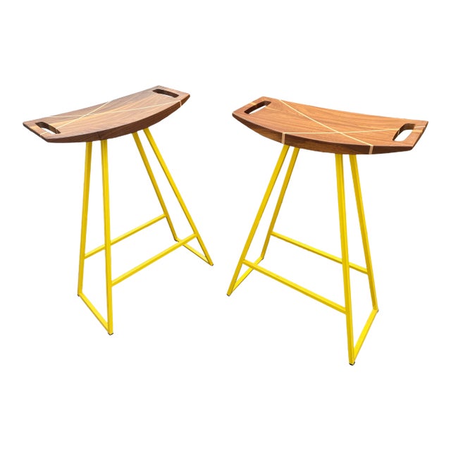 Tronk Design Robert Walnut Yellow Dining Stools - a Pair For Sale