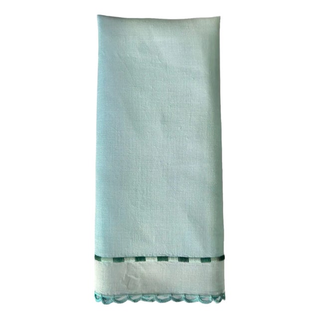 Vintage French Linen Guest Towel, Hand Crocheted Scalloped Edge Aqua Blue Linen, Drawn Thread Accent Band, Heirloom Linen Making 1930s 1940s For Sale